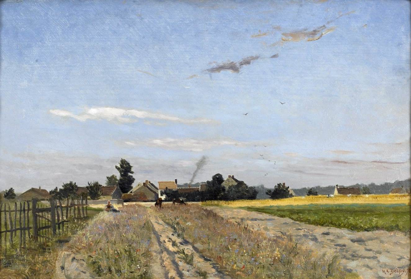 Fields at the Edge of the Village at Bois-le-Roi, vintage artwork by Hippolyte-Camille Delpy, 12x8" (A4) Poster
