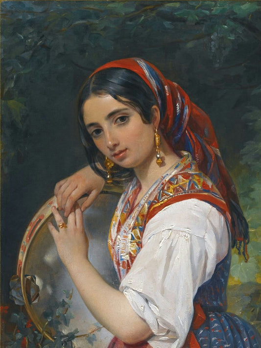 A Shepherd Girl with a Tambourine, vintage artwork by Pimen Orlov, A3 (16x12") Poster Print