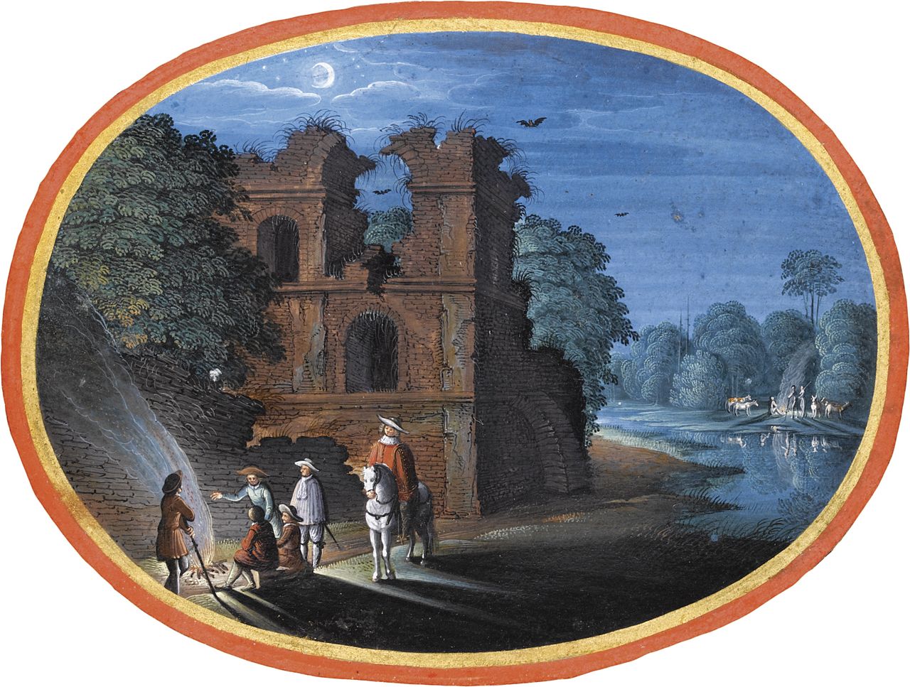 Travellers gathered a fire, by  a ruin, in the moonlight, vintage artwork by Johann König, 12x8" (A4) Poster