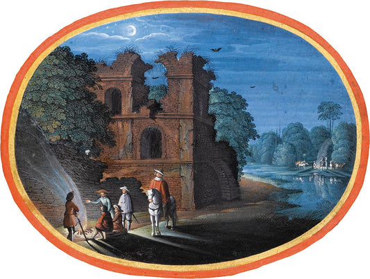 Travellers gathered a fire, by  a ruin, in the moonlight, vintage artwork by Johann König, 12x8" (A4) Poster