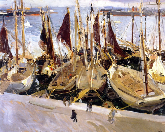 Boats in the Port, Valencia, vintage artwork by Joaquin Sorolla y Bastida, 12x8" (A4) Poster