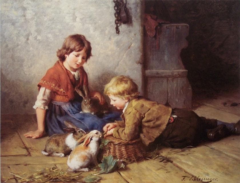 Feeding the Rabbit, vintage artwork by Felix Schlesinger, 12x8" (A4) Poster