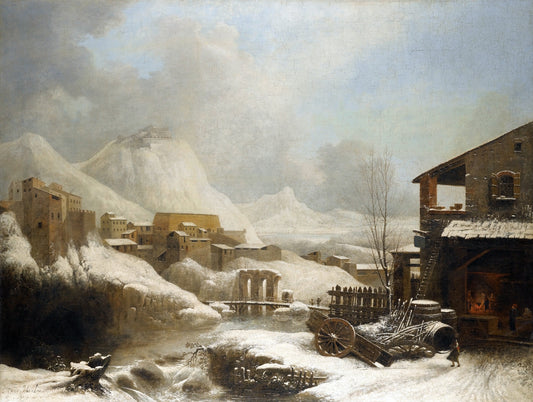 A Frozen Winter Landscape with a Bridge over a River, vintage artwork by Cesar Van Loo, 12x8" (A4) Poster