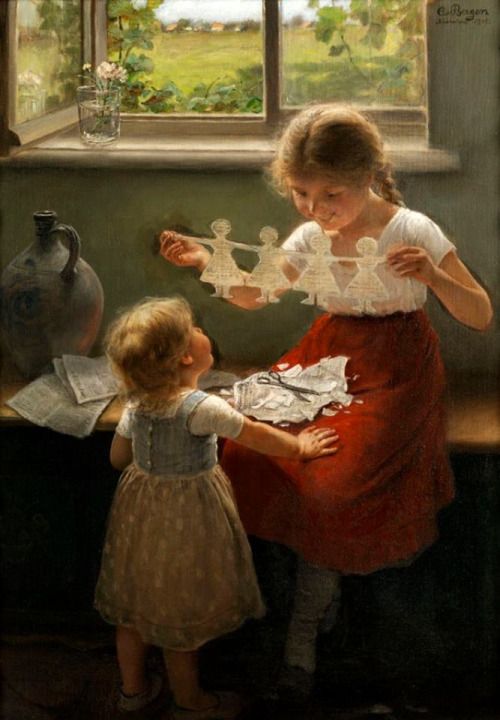 Two Girls Playing, vintage artwork by Carl von Bergen, A3 (16x12") Poster Print