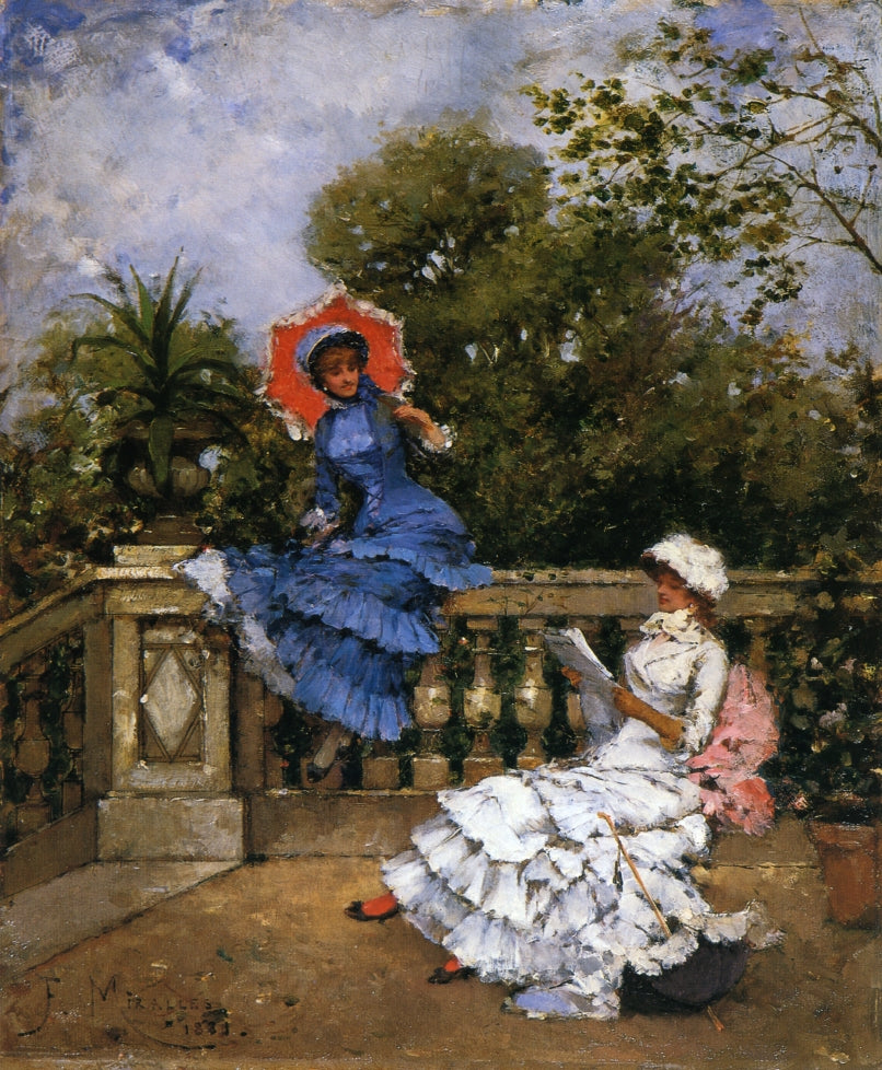 Two Ladies Conversing on a Terrace, vintage artwork by Francisco Miralles Y Gallup, 12x8" (A4) Poster