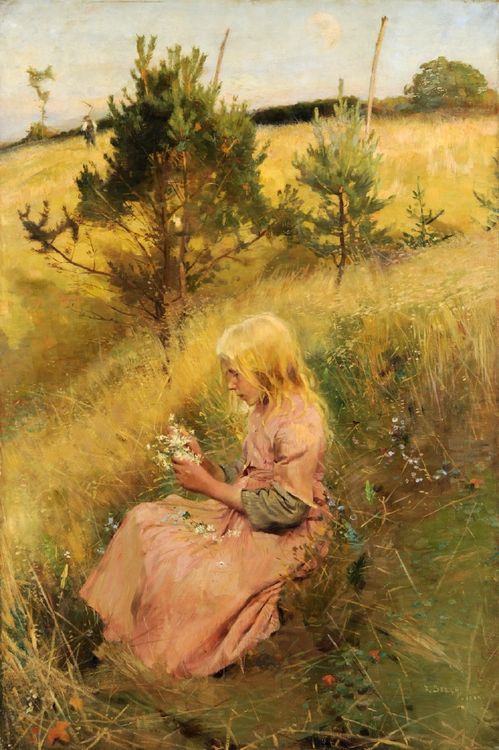Girl Picking Flowers, vintage artwork by Richard Bergh, 12x8" (A4) Poster