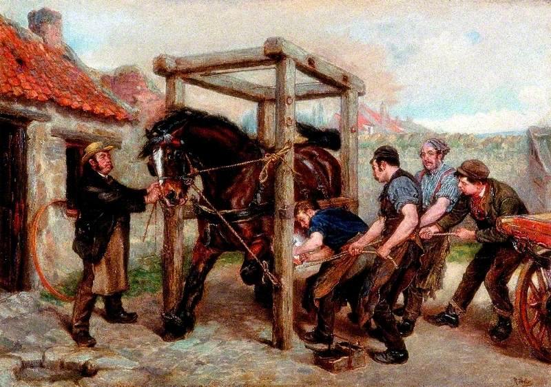 Shoeing the Bay Mare, vintage artwork by Ralph Hedley, 12x8" (A4) Poster