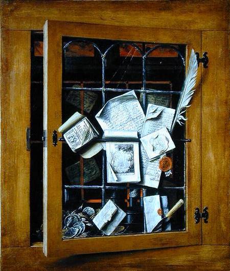 A Trompe l'oeil of an Open Glazed Cupboard Door, vintage artwork by Cornelis Norbertus Gysbrechts, 12x8" (A4) Poster