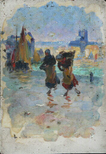 Two Girls Carrying Fish, vintage artwork by Leon-Jules Lemaître, 12x8" (A4) Poster