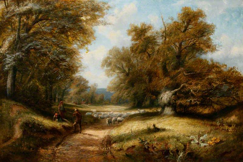 Landscape with a Shepherd on a Road through Trees, vintage artwork by John Linnell, A3 (16x12") Poster Print