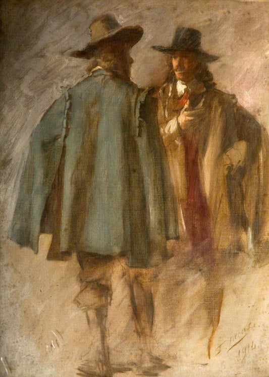 Two Standing Men (study for 'The Flight of the Five Members), vintage artwork by John Seymour Lucas, 12x8" (A4) Poster