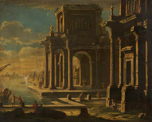 Capriccio of Classical Buildings in a Port, vintage artwork by Attributed to Alessandro Salucci, 12x8" (A4) Poster