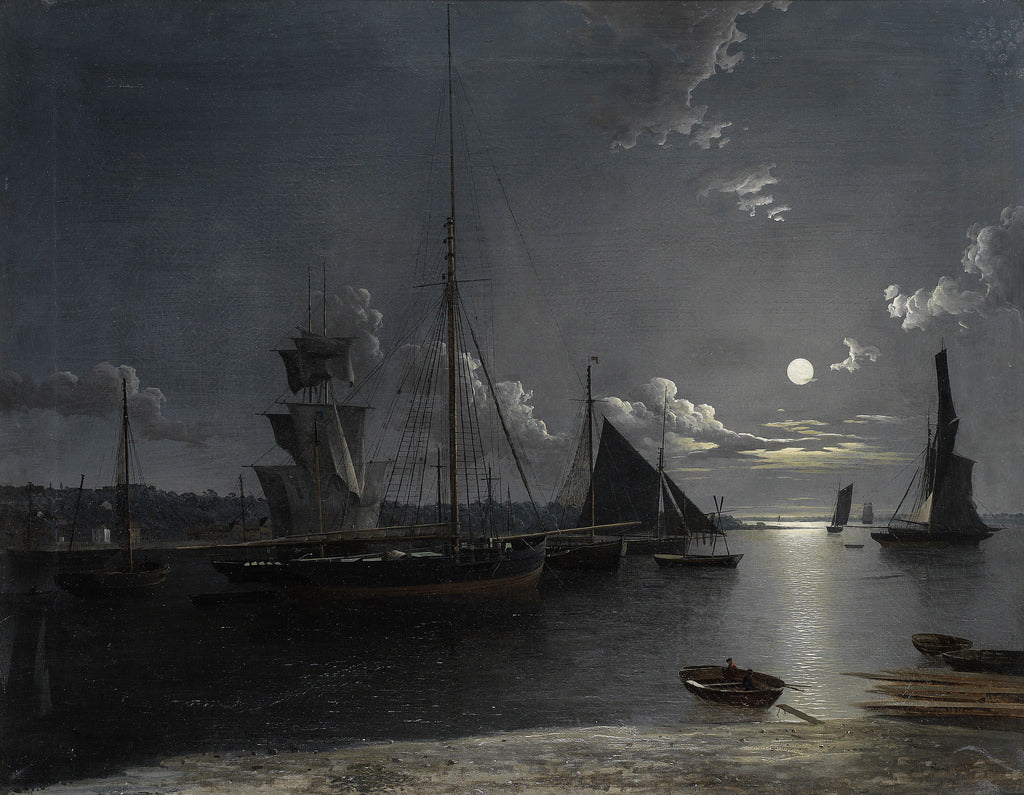 Fishing and Other Vessels on a Moonlit Estuary, vintage artwork by Henry Pether, 12x8" (A4) Poster