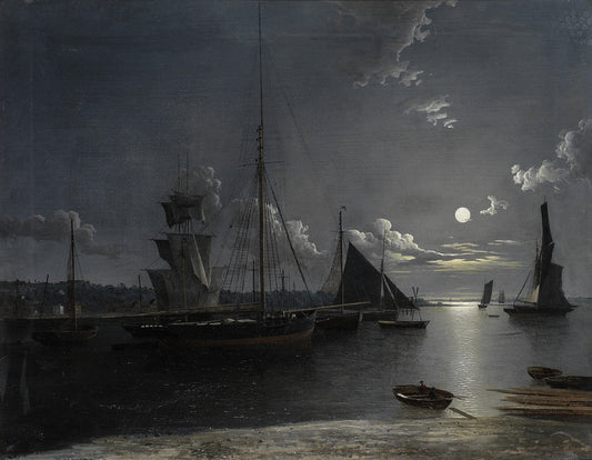 Fishing and Other Vessels on a Moonlit Estuary, vintage artwork by Henry Pether, 12x8" (A4) Poster
