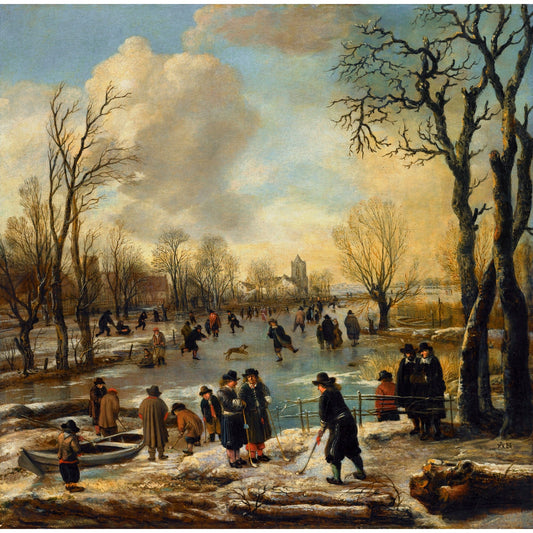 Winter Landscape with Kolf Players and Skaters on a Frozen Canal, vintage artwork by Aert van der Neer, 12x8" (A4) Poster