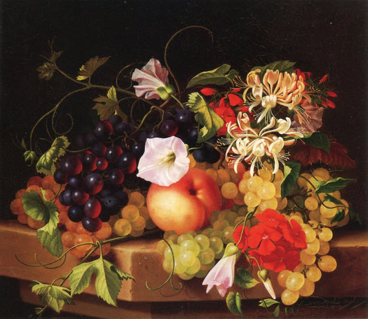 Still Life with Grapes, Peaches and Flowers, vintage artwork by Adelheid Dietrich, 12x8" (A4) Poster