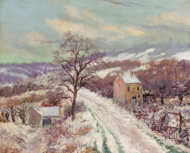 Edge of Village in Winter, vintage artwork by Paul Vogler, 12x8" (A4) Poster