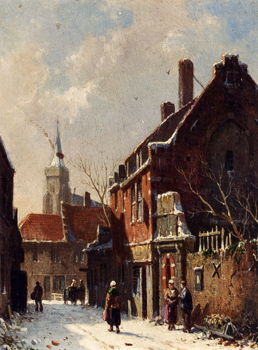 Figures In The Streets Of A Dutch Town In Winter, vintage artwork by Adrianus Eversen, A3 (16x12") Poster Print