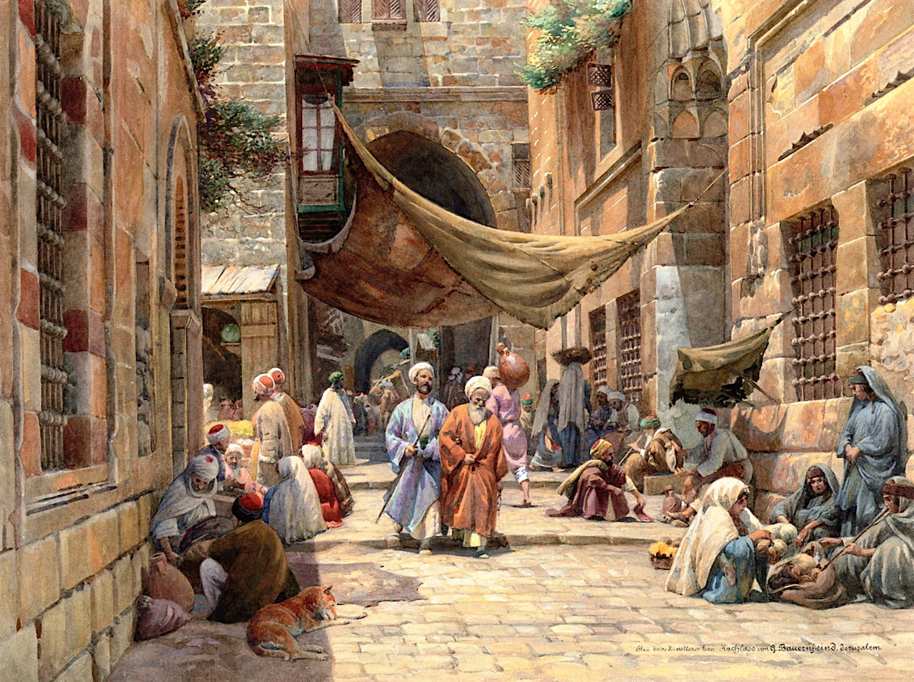 King David Street, Jerusalem, vintage artwork by Gustav Bauernfeind, 12x8" (A4) Poster