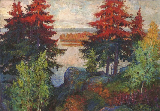 Autumn Landscape with River, vintage artwork by Konstantin Gorbatov, 12x8" (A4) Poster