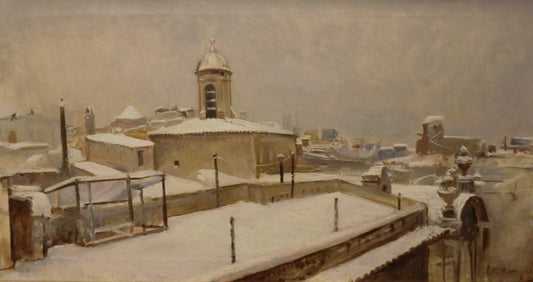 Rooftops with Snow, vintage artwork by Ramon Marti Alsina, 12x8" (A4) Poster