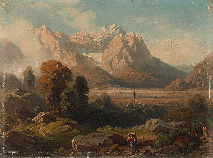 Mountain landscape with hikers, vintage artwork by August Seidel, A3 (16x12") Poster Print