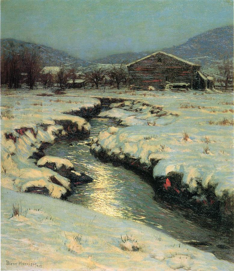 Woodstock Meadows in Winter, vintage artwork by Lowell Birge Harrison, 12x8" (A4) Poster