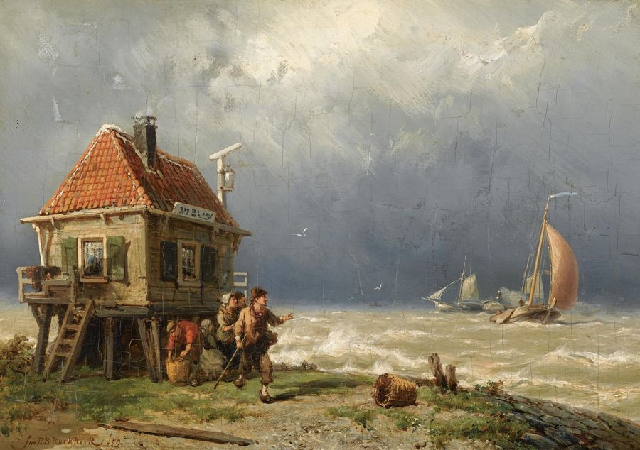 Figures near a Pilot's House, vintage artwork by Johannes Hermanus Barend Koekkoek, 12x8" (A4) Poster