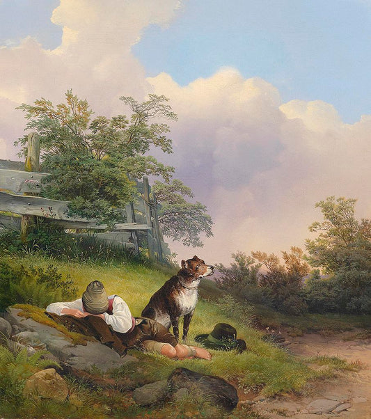Sleeping young man with his watchful dog, vintage artwork by Johann Matthias Ranftl, A3 (16x12") Poster Print