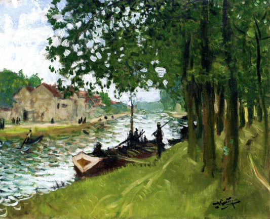 Barges at Saint-Mammes, vintage artwork by Pierre-Eugène Montezin, 12x8" (A4) Poster