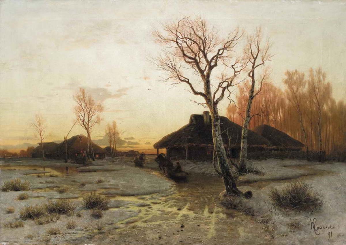 Spring landscape at sunset, vintage artwork by Petr Sukhodolsky, 12x8" (A4) Poster