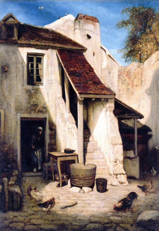 Interno di corte rustica a Fontainebleau, vintage artwork by Alexandre-Gabriel Decamps, A3 (16x12") Poster Print
