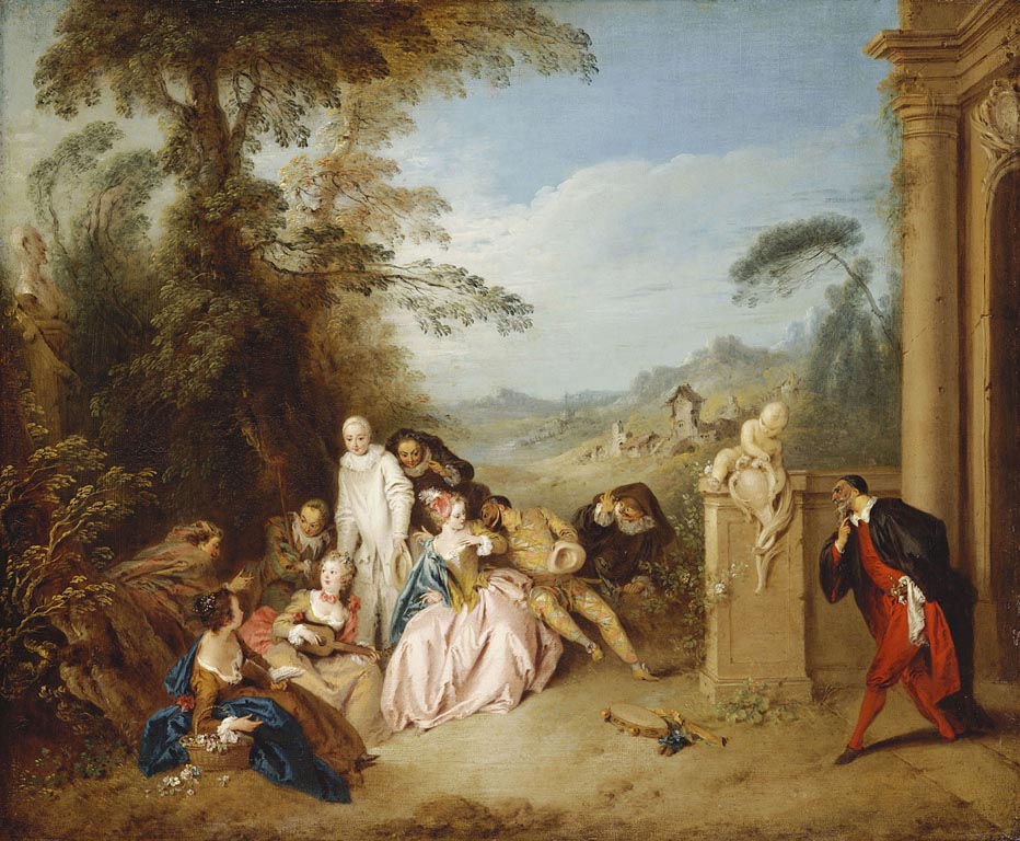 Fete Champetre with Italian Comedians, vintage artwork by Jean-Baptiste Pater, 12x8" (A4) Poster