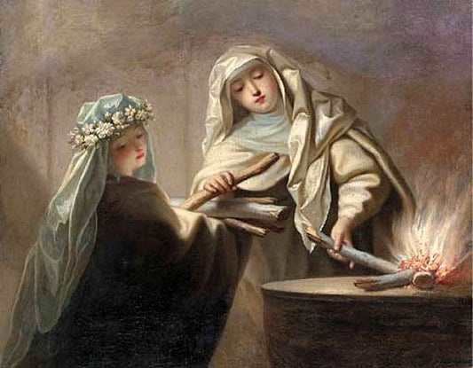 The Sacred Fire, Two Vestal Virgins Tending the Hearth, vintage artwork by Jean Raoux, 12x8" (A4) Poster