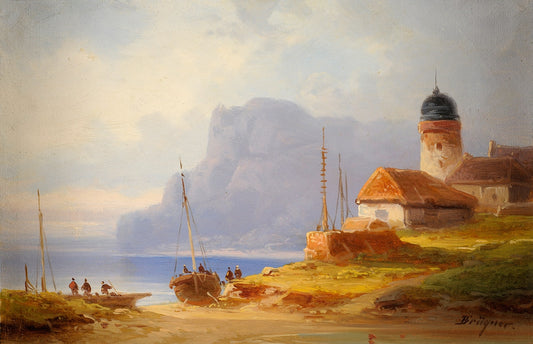 Coastal scene with fishing village, vintage artwork by Colestin Brügner, 12x8" (A4) Poster