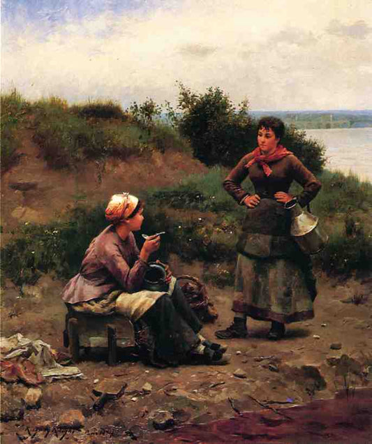 A Discussion Between Two Young Ladies, vintage artwork by Daniel Ridgway Knight, 12x8" (A4) Poster