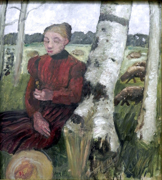 Girl resting on birch trunk, vintage artwork by Paula Modersohn-Becker, 12x8" (A4) Poster