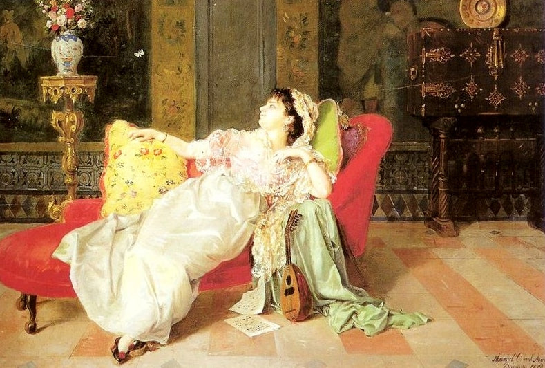 Woman with mandolin, vintage artwork by Manuel Cabral Aguado Bejarano, 12x8" (A4) Poster