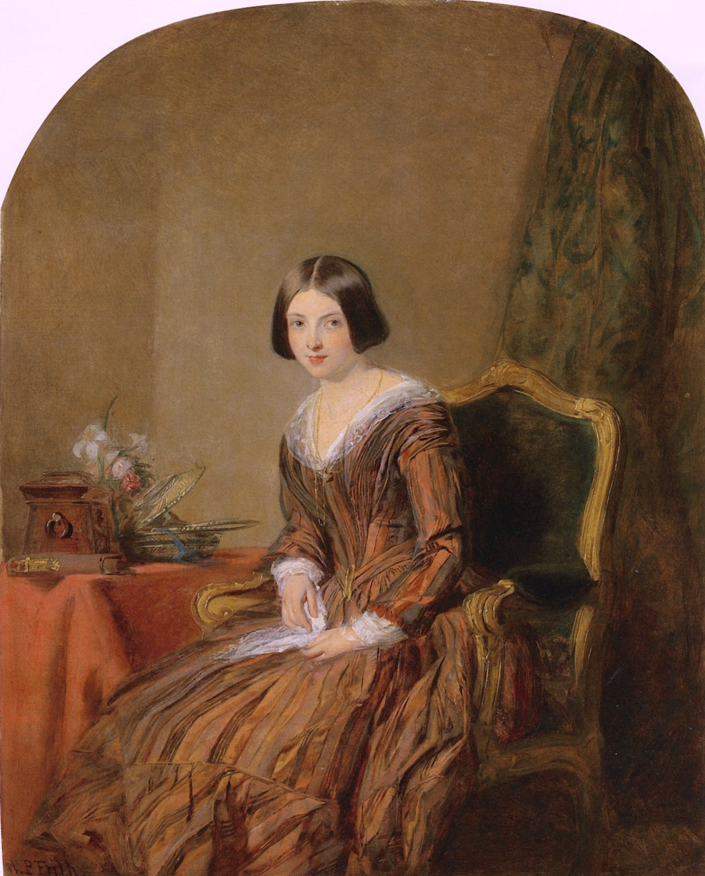 Portrait of a Woman in a Brown Silk Dress, vintage artwork by William Powell Frith, A3 (16x12") Poster Print