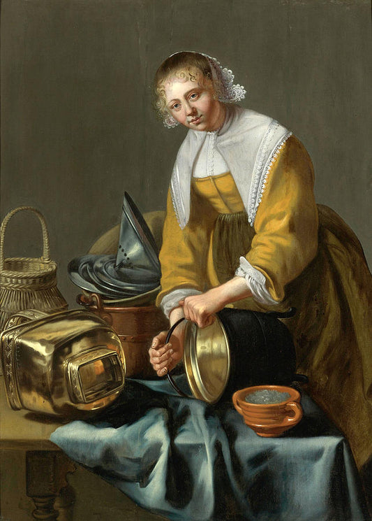 A Kitchen Maid Standing by  A Table With Copper Pots, Pewter, Plates and Other Objects, vintage artwork by Willem van Odekercken, 12x8" (A4) Poster