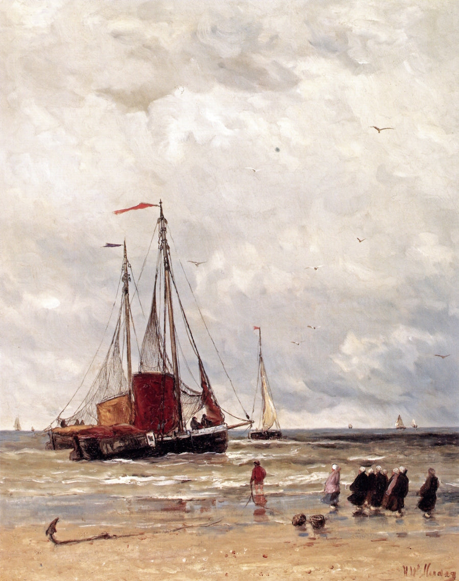 Fishing Barges at Low Tide, vintage artwork by Hendrik Willem Mesdag, 12x8" (A4) Poster