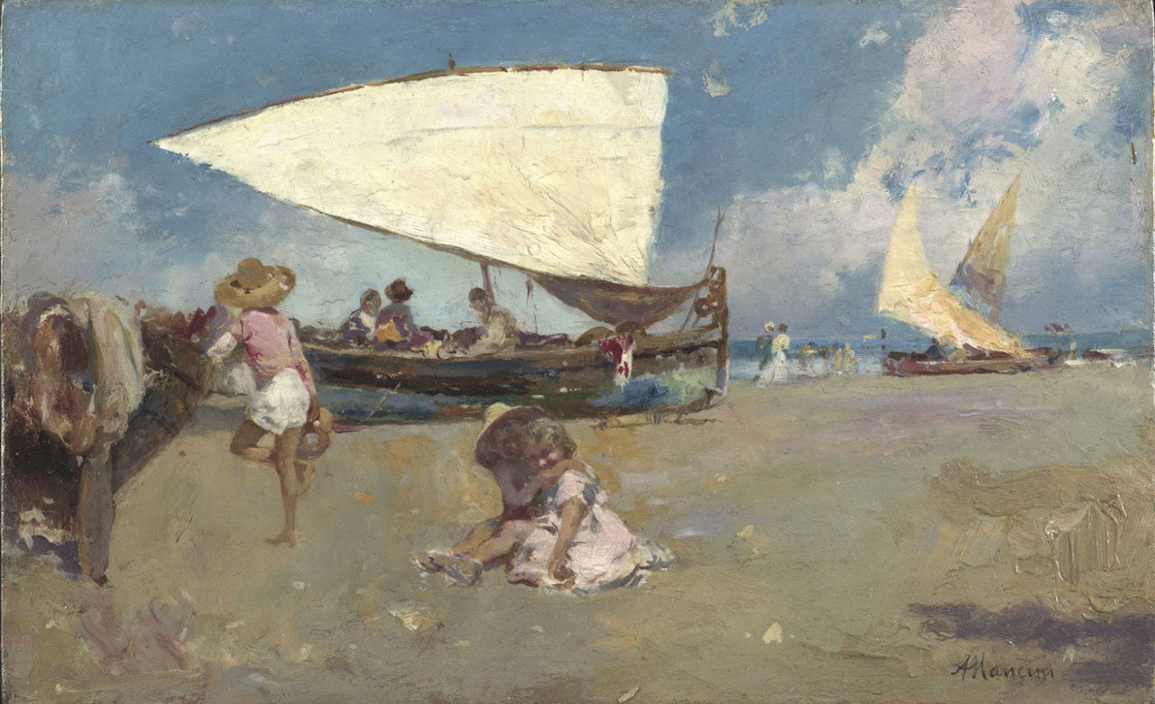 Children on a Sunny Beach by Antonio Mancini,A3(16x12")Poster