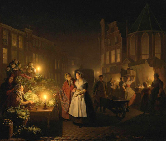 Moonlit Market, vintage artwork by Petrus van Schendel, A3 (16x12") Poster Print