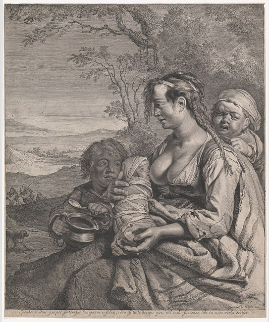 Gypsy Mother with Three Children, vintage artwork by Cornelis Visscher, 12x8" (A4) Poster