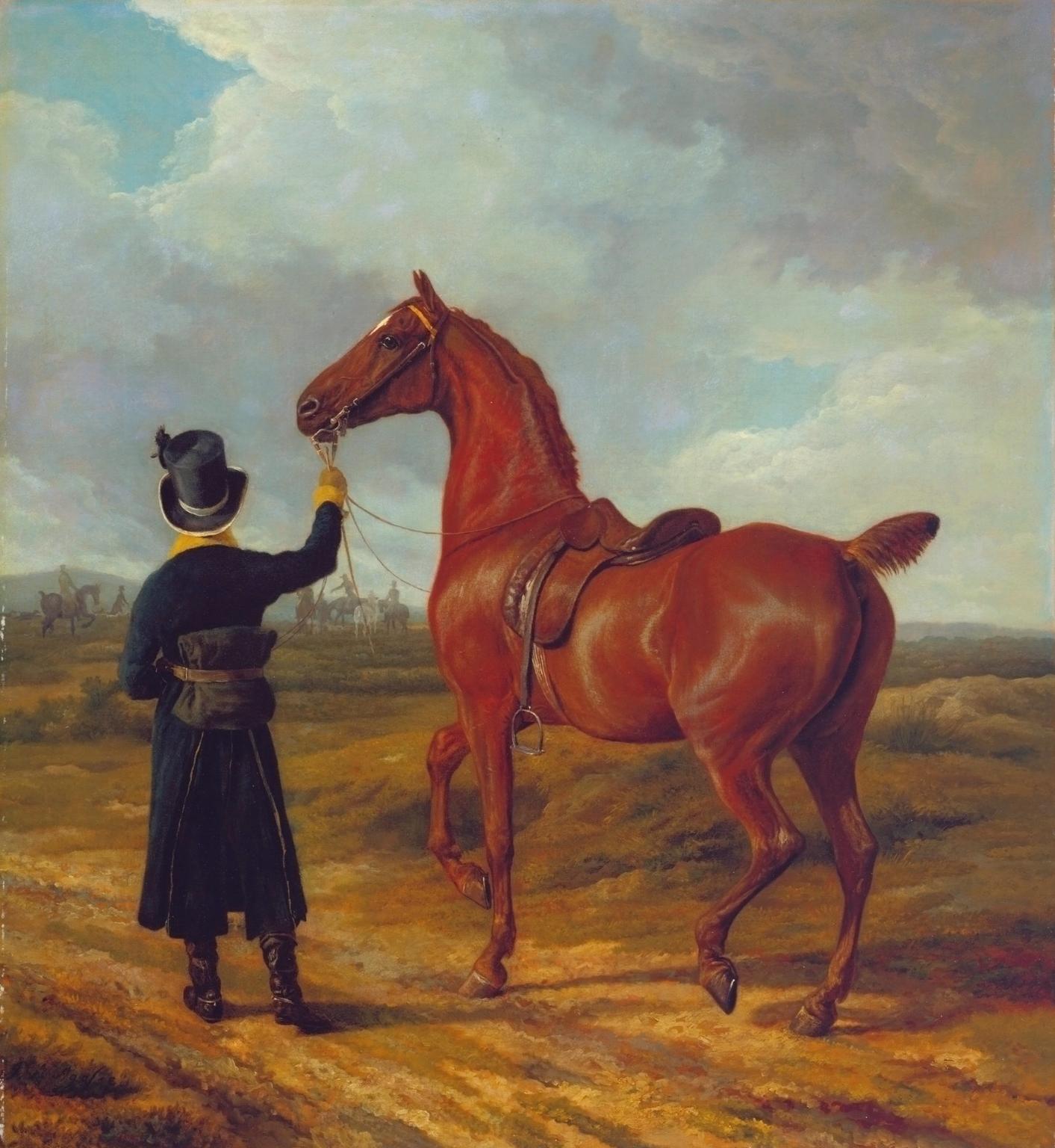 Lord Rivers Groom Leading a Chestnut Hunter towards a Coursing Party in Hampshire, vintage artwork by Jacques-Laurent Agasse, 12x8" (A4) Poster