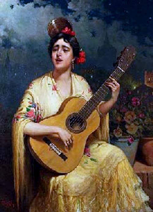Mujer con guitarra, vintage artwork by Gillermo Gomez Gil, 12x8" (A4) Poster