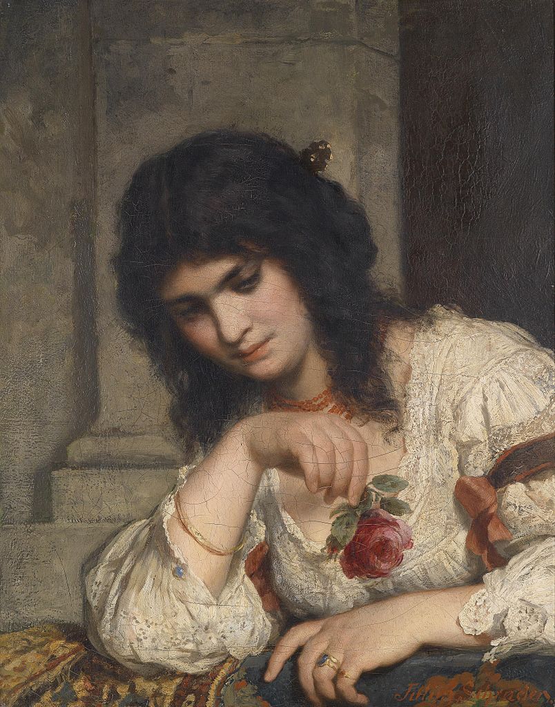 Lady on the Balcony with a Rose, vintage artwork by Julius Schrader, A3 (16x12") Poster Print