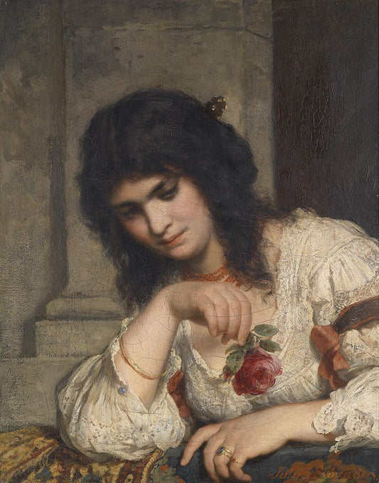 Lady on the Balcony with a Rose, vintage artwork by Julius Schrader, A3 (16x12") Poster Print