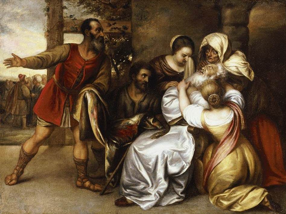 Jacob Receiving the Bloody Tunic of Joseph, vintage artwork by Attributed to Jan Lievens, 12x8" (A4) Poster