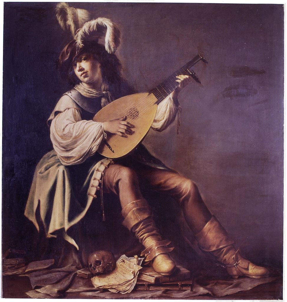 Lute player with skull and books, vintage artwork by Willem Bartsius, 12x8" (A4) Poster